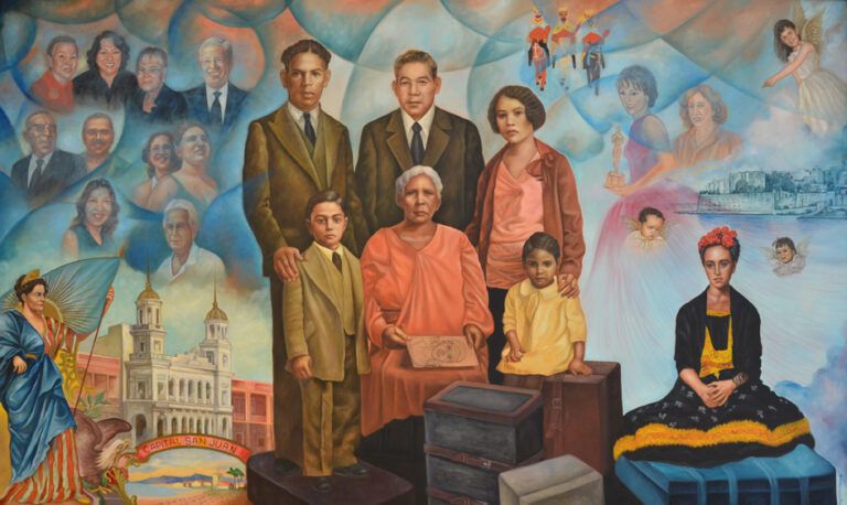 The central family of six stands and sits on their luggage. On the bottom left there is the San Juan City Hall with the sign that says "Capital of San Juan." Surrounding the family there are popular culture and iconic figures.