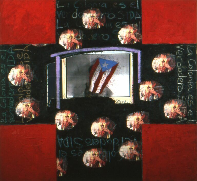 A black positive sign speckled with images of Jesus' hands. In the center is one image of the Puerto Rican flag. The four negative space corners are a deep red. Text reads "La Colonia es el verdadero SIDA."