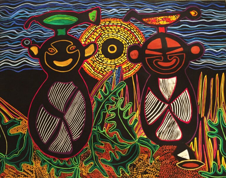 Two Taino figures sit on leaves while the sun glares behind them.