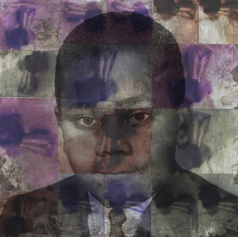 A youthful portrait overlaid on a tile of Puerto Rican flag images.