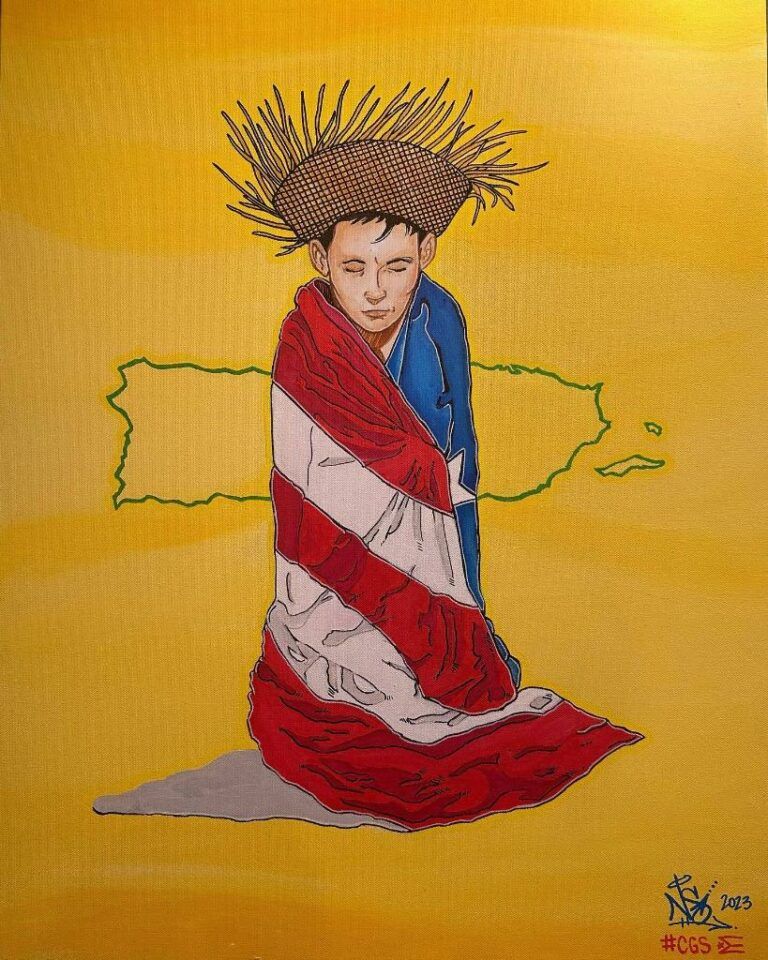 Child wrapped in Puerto Rican flag wearing a traditional straw hat. Child stands in front of green outline of the island of Puerto Rico on a yellow background.