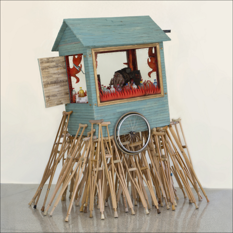 "In Lonely Soul (2008), a piragüera, who sells shaved ice, sits inside her pushcart surrounded by colorful bottles filled with different fruit-flavored syrups. Stylized red flames border the inside of the windows. The pushcart evokes other makeshift structures: the casita, and an improbable vehicle for human transport complete with rearview mirrors and two wheels from a wheelchair. The entire multivalent structure—pushcart, casita, and vehicle—rests upon dozens of wooden underarm crutches. Their haphazard arrangement makes the structure appear to careen slightly forward and to the right." - Chon A. Noriega