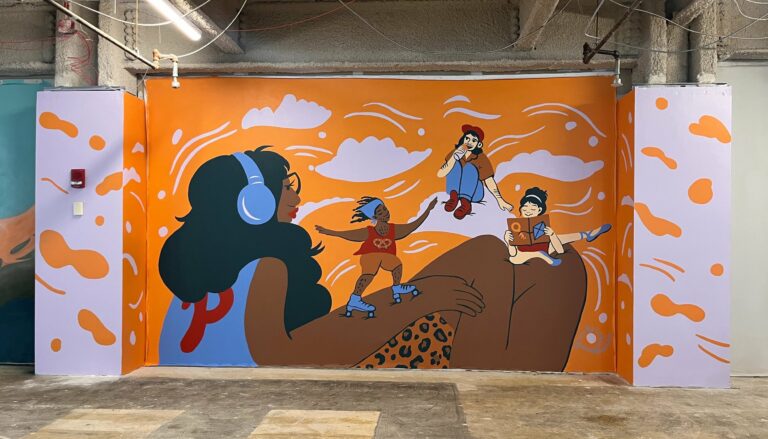 "“Joy In Leisure" is a 10' x 20' mural celebrating summertime. Philadelphia is at its most vibrant during this season, when folks across the city light up the streets with an array of hobbies, culture, and art. I wanted my mural to feel like a fun, active snapshot of Philly's leisurely joy. A Phillies fan enjoying music with her headphones represents our great city, while fellow community members read, dance, eat water ice and skate among cotton candy clouds." - Cindy Lozito