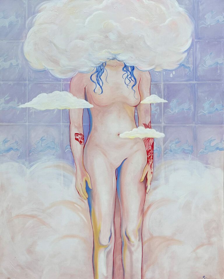 A nude female figure standing in a blue tiled area with her head obscured. Her arms have red tattoos.