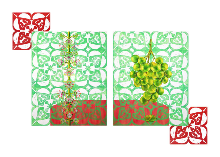 "Diptych wall installation." - Carlos Wilfredo Encarnación. A mosquito-head pattern print behind painted flowers and quenepas..