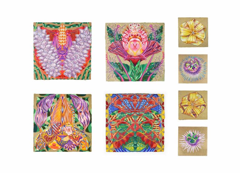 Abstracted self-portraits incorporated into the shapes of fantastical tropical flowers.