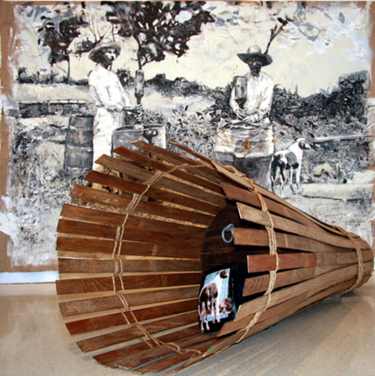 A black-and-white painting of field workers behind a cornucopia shaped wood sculpture with a television inside.