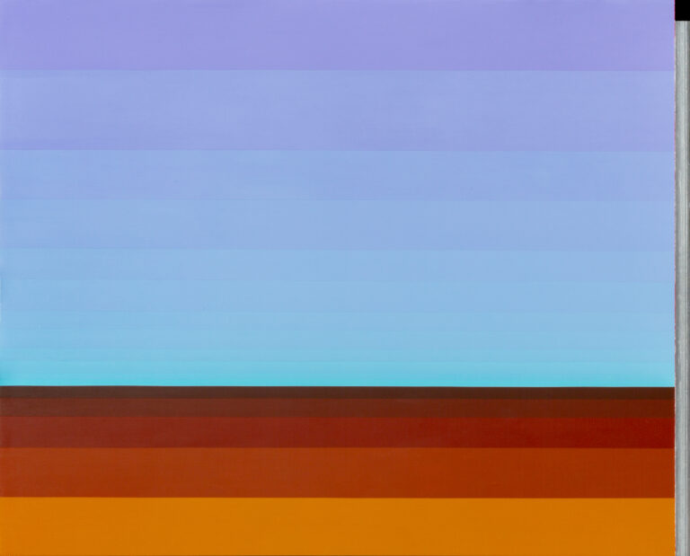 Stylized sky and landscape. The painting is segmented into horizontal rectangles creating a gradient (top to bottom) from purple to sky blue in the sky and then a deep brown to a bright orange at the far bottom.
