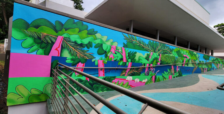 "Commissioned project for El Portal Visitor Center at El Yunque National Rainforest as part of the building's renovation, open on January 2022. The mural serves as an educational piece that depicts the four levels of the forest throughout walking on a ramp." - Pseudomero