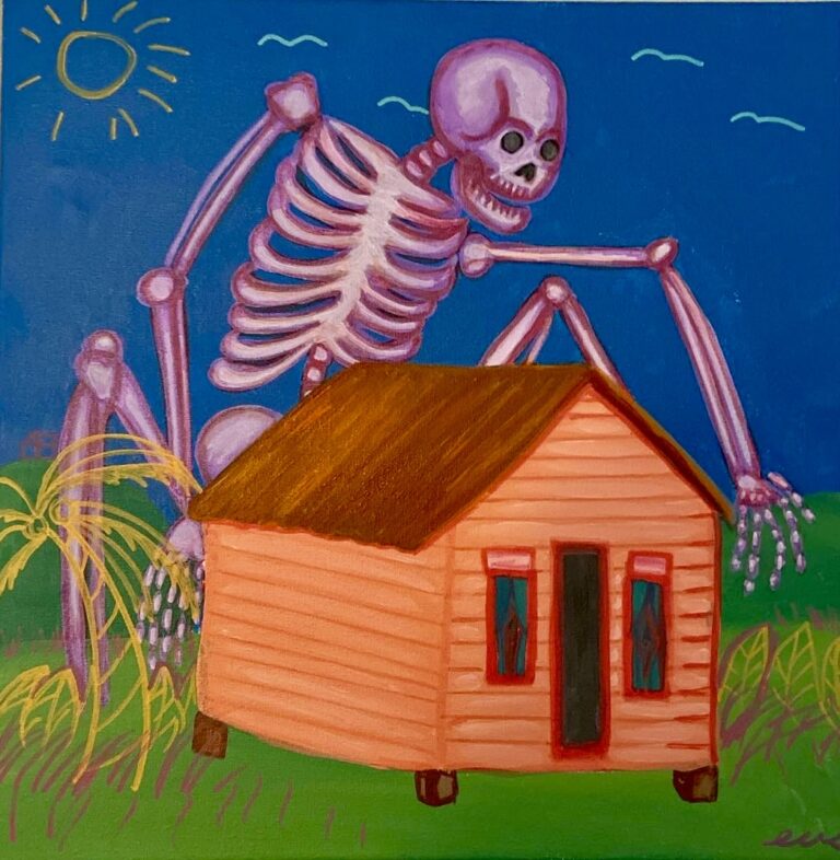 "[This] painting is a symbol of US-American colonialism. The house in the painting is emblematic of my Great-Grandmother's house in Patillas, Puerto Rico." - Saint Electric. The painting depicts a pink skeleton looming over a small orange house.