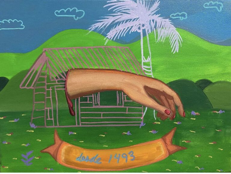 A severed hand with red-painted nails hovering over a banner that says "desde 1493." The background consists of a line drawing of a house and a palm tree.