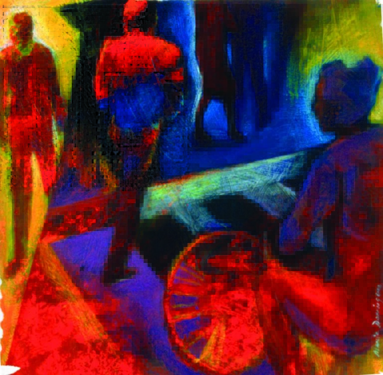 A vibrant painting of a woman on a bike at a crosswalk with other people walking around her.