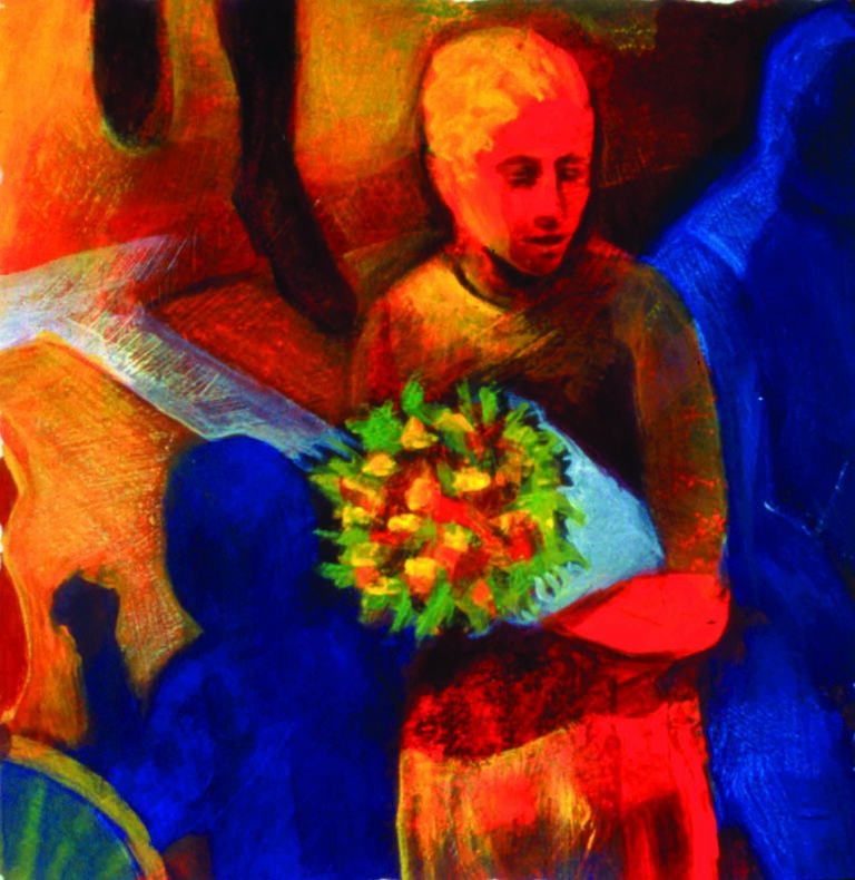 A blue and orange painting of an orange woman holding flowers in her hand. The blue people around her are silhouetted. Her flowers' leaves are green.