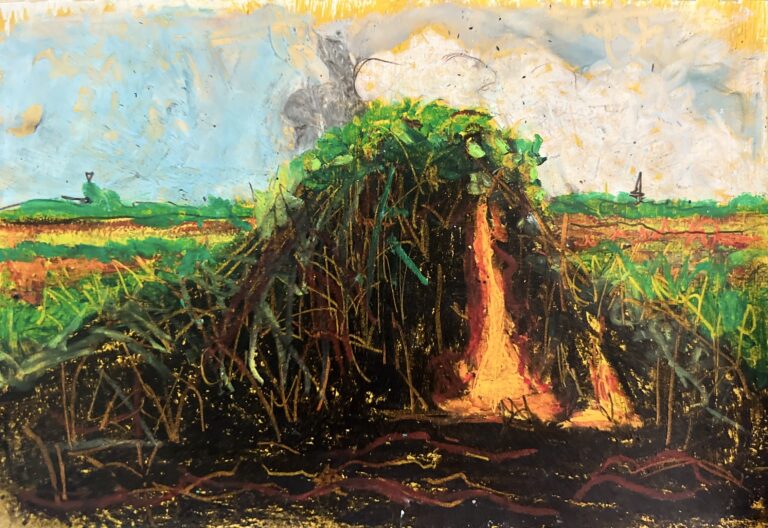 Image of fire or lava burning underneath a patch of grass.