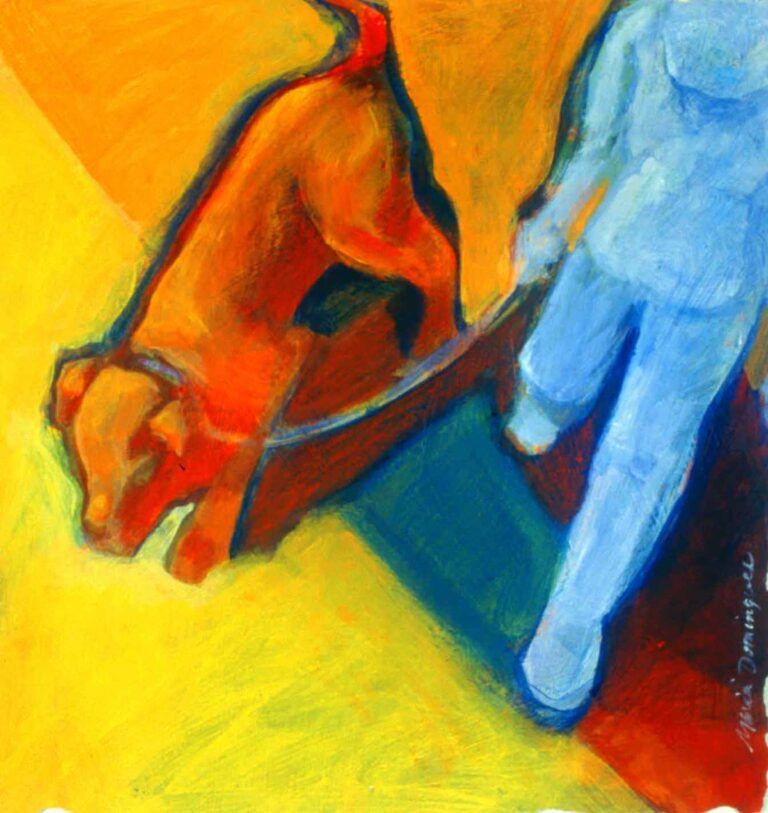 A blue figure walking a red dog on yellow ground from a top-down perspective.