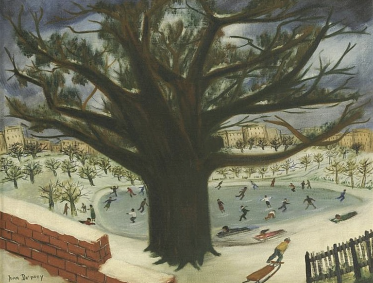 Winter scene in Central Park. Behind a red wall people ride their sleds and ice skate on the frozen lake. A lark dark tree is in the middle of the canvas.