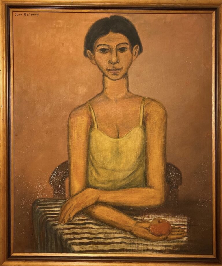 Warm toned painting of a girl with her arms crossed holding an apple in her right hand. She is wearing a tank top and is sitting in a chair with a striped cloth over her lap.