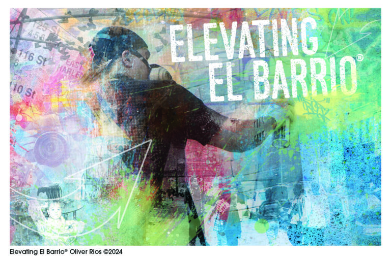 A watercolor-style colorful collage of Oliver Rios' work. "Elevating El Barrio."