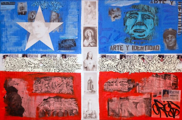 "Arte Y Identidad," "The New Museum," "Student ID," This artwork is designed in the shape and colors of the Grito de Lares Flag. Inside the coordinated colors of the flag there is graffiti, faces of religious and revolutionary figures and text pasted onto the cardboard.
