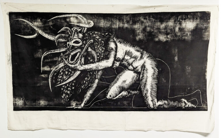 Woodcut black-and-white print of a vejigante with a female body crawling on all fours towards the left of the image. The background is black and foggy.