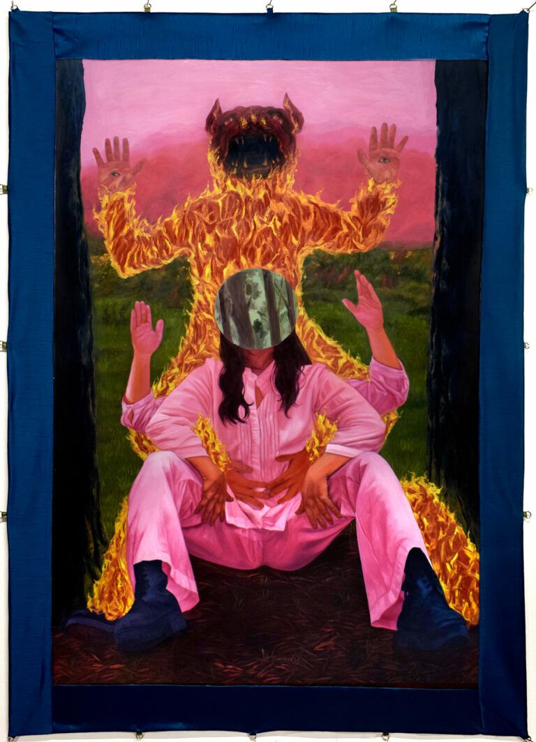 In a pink sunset scene, two figures are between two trees. The sitting figure in the foreground wears pink clothes and dark combat books. Their face is obscured by a circle that shows green wilderness. The figure in the back is made of fire and had eyes on their palms. They have the face of a monster.