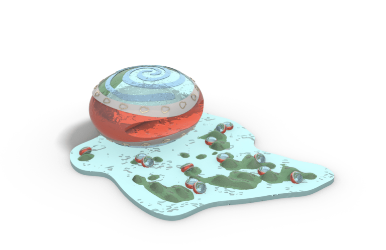 Zoomed-out view of a computer 3D render. Red and blue pill-shaped objects float in water. The shapes get stuck to moss.