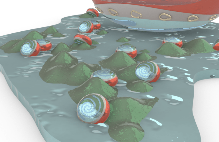 Detail of the Seeds of the Caribbean render. Red and blue pill-shaped objects float in water.