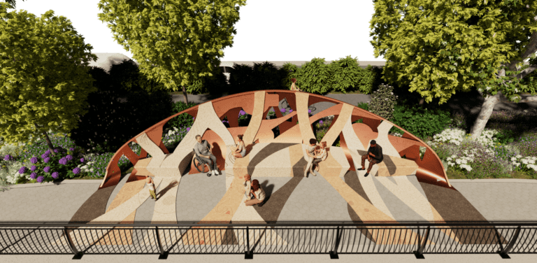 A small web-like plaza that allows people to sit on the terracotta colored sculpture.