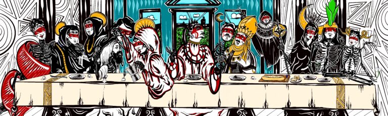 "Last Supper that includes historical figures from Caribbean history to include Cacique Hatuey, Julia de Burgos, Pedro Albizu Campos etc. depicted as figures from the Bohiti Tarot collection major arcana deck." - Denise Zubizarreta