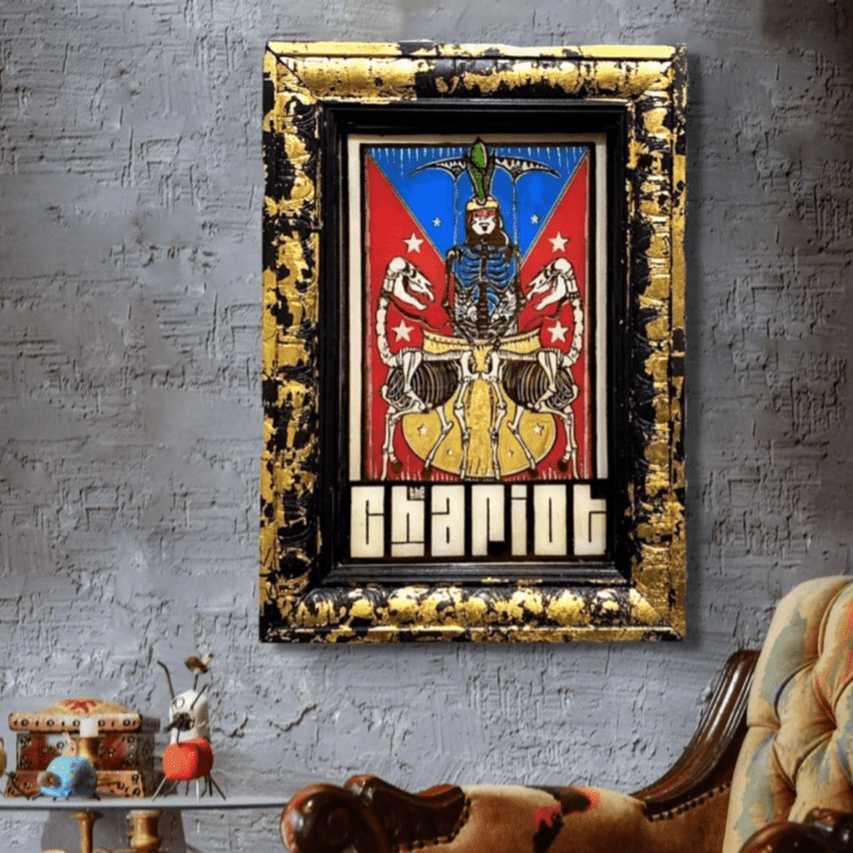 "Laser etched hand painted wood panel of Cacique Aguebana II in custom shadow box surrounded by a custom hand gilded frame with resin fill." - Denise Zubizarreta