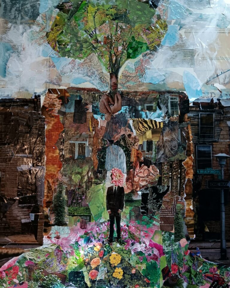 A collage depicting a suited figure with a flower for a head standing in a field of flowers pouring from a brick building. On top of the building a green tree grows from clasped hands.