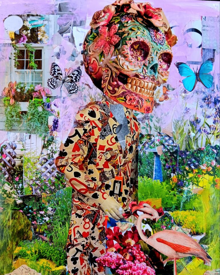 Collage taking the appearance of a highly decorated skull wearing a suit made of a deck of cards. The central figure is surrounded by butterflies and a flamingo in what seems to be a garden.