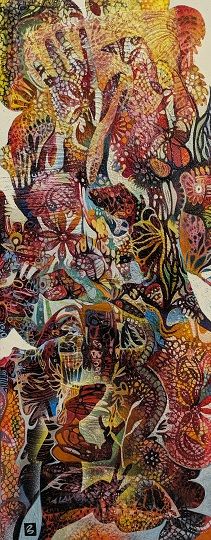 Lace-like shapes in the form of roosters and flowers painted in warm colors on a light blue background.