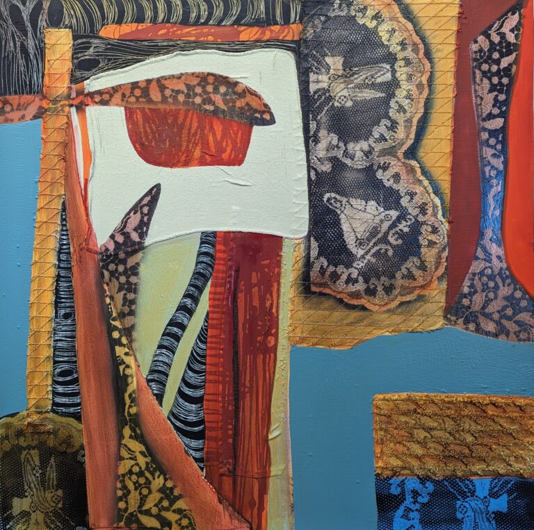 An abstracted collage of texture and color. Lace is a prominent texture throughout. Dominant colors are blue, yellow and orange.