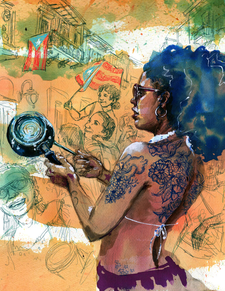 A woman banging a pot during a protest or parade to make noise.