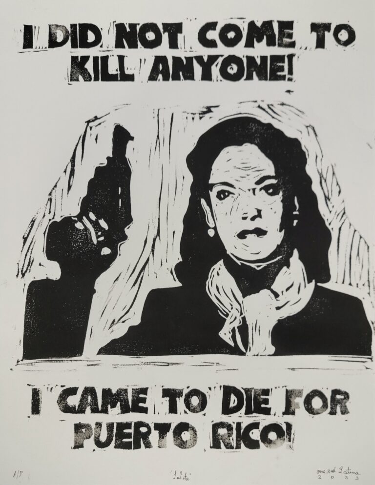 "I DID NOT COME TO KILL ANYONE! I CAME TO DIE FOR PUERTO RICO!" Image of a woman wearing a scarf holding a gun pointed up.