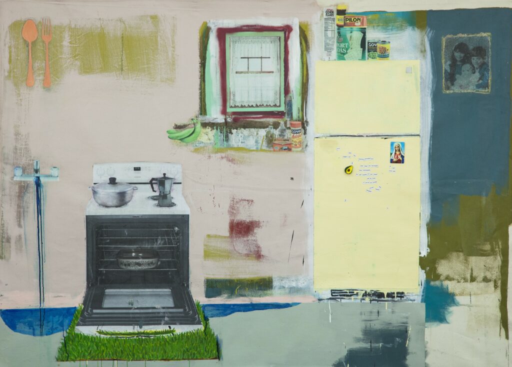 "Large mixed media painting. An abstracted kitchen with a running leak and magnetic fridge with word magnets where the viewer can jumble the Puerto Rican anthem in spanglish to create a new poem." - Misla