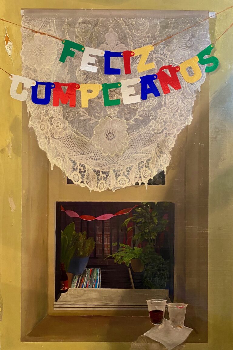 "A birthday party ends as night falls. Looking out from a windowsill onto a decorated fire escape, two cups and an empty Malta glass are left on the sill, one marked with lipstick and the essence of the party-goers remains." - Misla
