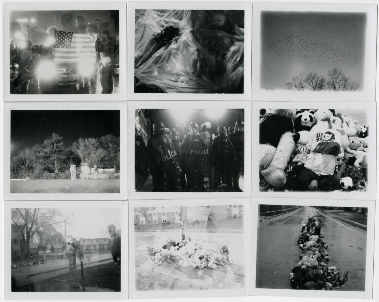 "Nine black and white photographs laid out in a 3×3 grid. The photos show various scenes in Ferguson, MO" - Carlos Javier Ortiz