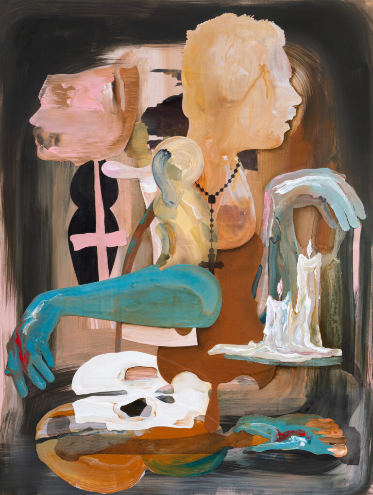 Abstracted forms of faces, arms, candles, legs, and bones. One of the heads is wearing a rosary.