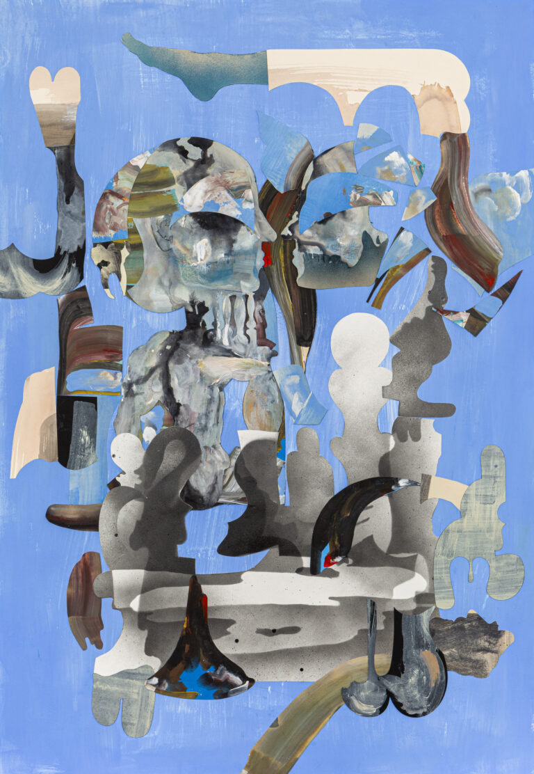 Blue negative space adorned by abstract shapes and some recognizable objects such as face profiles and a foot. The shapes intersect and overlap.