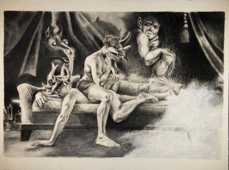 A gathering of folkloric characters sit on top of a man wearing a vejigante mask laying on a couch.