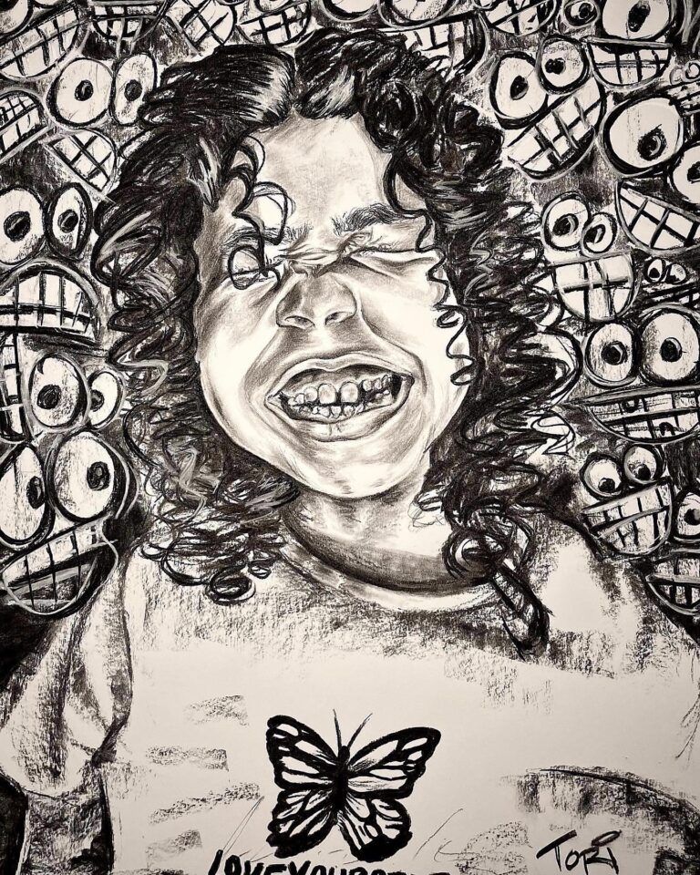 Black-and-white drawing of the artist's niece smiling wide. She wears a butterfly pattern on her shirt. The background is full with cartoon eyes and teeth.