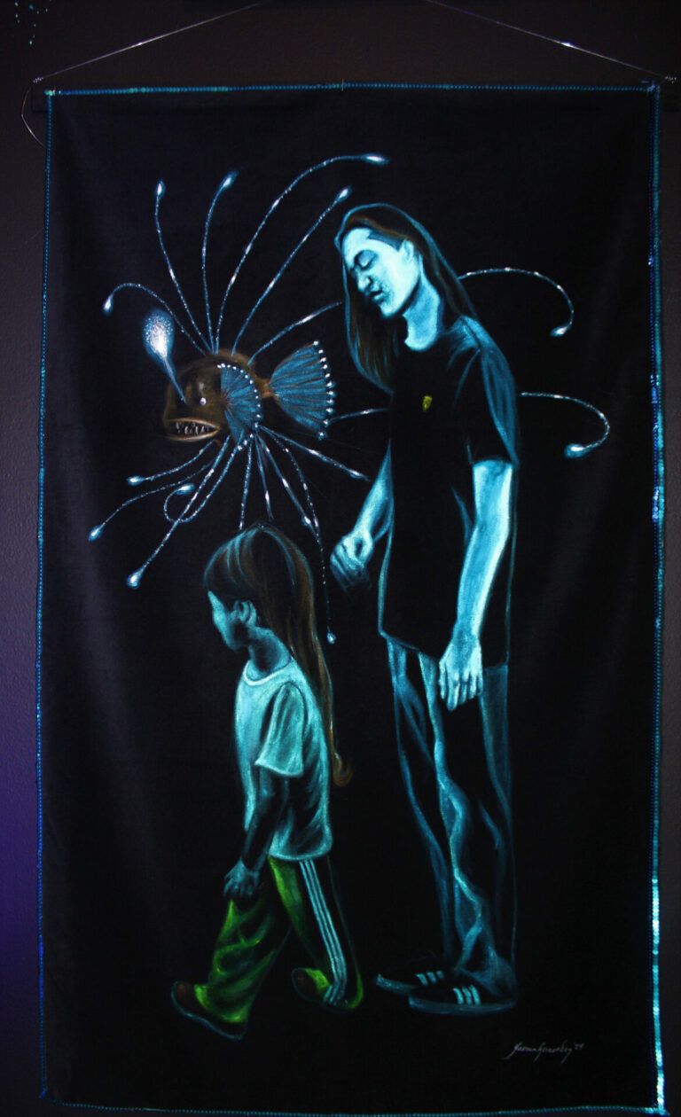 "In this double portrait of my oldest son, I paint him at the age he was when we arrived, 5 years old and his age at the time of the portrait, 15 years old. The title 515 refers to those two ages but also to May 15, the date of our move to Puerto Rico from New York City." - Yasmin Hernandez. An anglerfish and two figures on a black background.