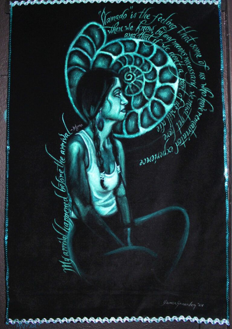 Portrait of Myrna Cabán on black velvet with a calligraphy quote spiraling around a nautilus shell behind her head. The words fall down her back as well.