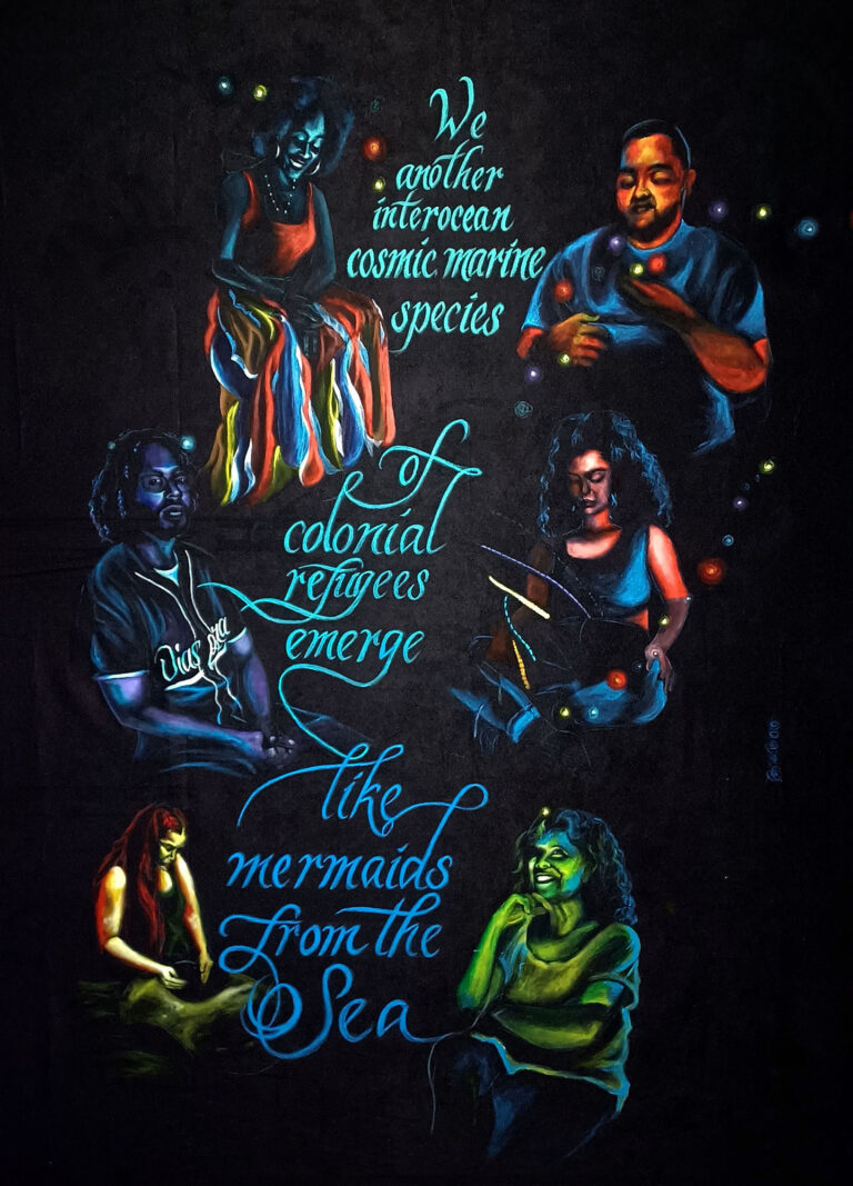 "We another interocean cosmic marine species of colonial refugees emerge like mermaids of the sea." The text is surrounded by 6 portrait, 3 on each side. Some people are smiling and some are working on art.