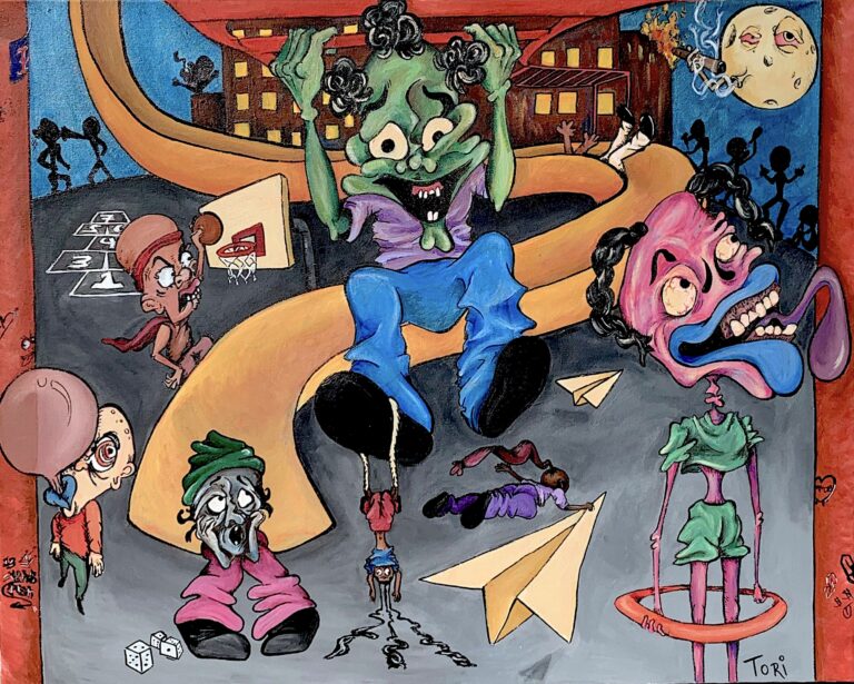 Stylized painting of children on the playground. They are playing with hoola-hoops, paper airplanes, dice, monkey bars, hop-scotch, basketballs, and slides. A lit school building stands in the background.