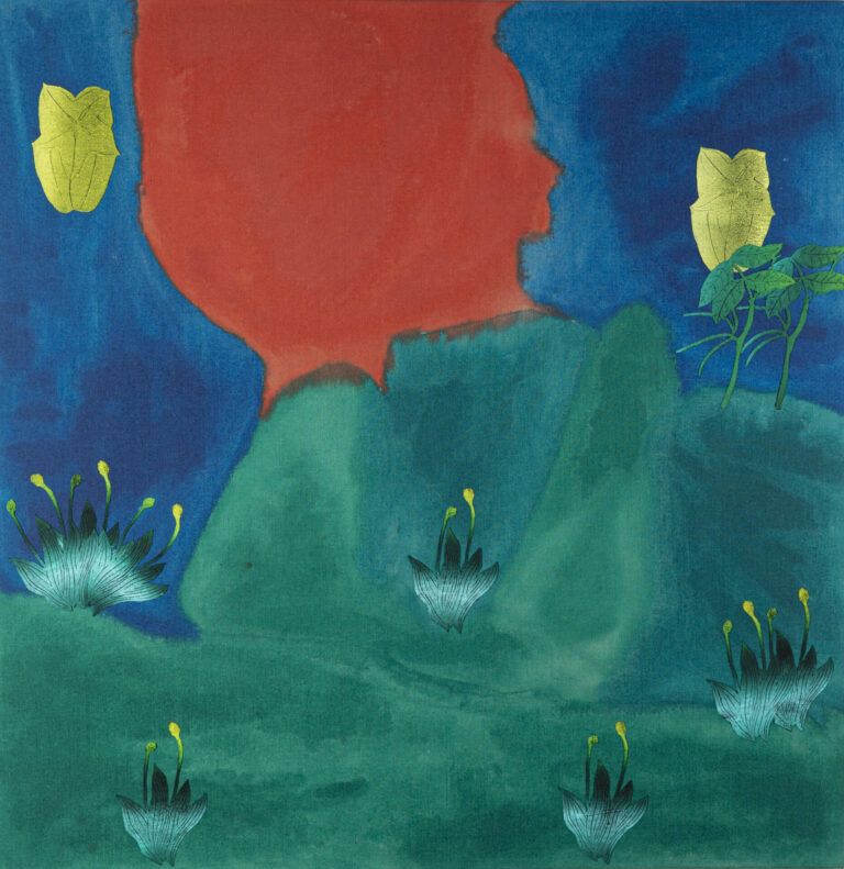 A collection of leaves and fruit over a background of orange, blue and green. There are two starfruit, two green leaves, and 7 gradient leaves. The plants adorn what looks like a landscape.