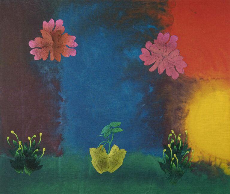 A background of maroon, blue, orange, yellow and green. The objects on top of the colors are arranged symmetrically. At the top left, mirrored at the top right is a pink flower. At the bottom left, mirrored by the bottom right, there is a leafy plant that is a gradient green to yellow at the top. In the middle of the bottom of the artwork, there are yellow starfruit connected by a green stem.
