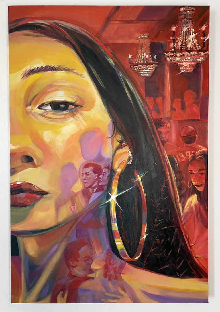 A painting of half a woman's face as a party goes on over her shoulder. Her dark hair is long and contains thorns that poke through. Her gold hoop earring sparkles. Reflections of people dancing and kissing appear on her face. She looks straight at the viewer, calm.